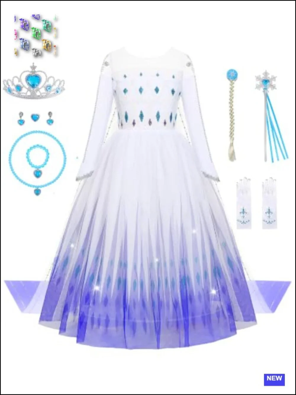 Girls Princess Costume Snow Queen Dress Up with Cape, Gloves, Crown and Wand